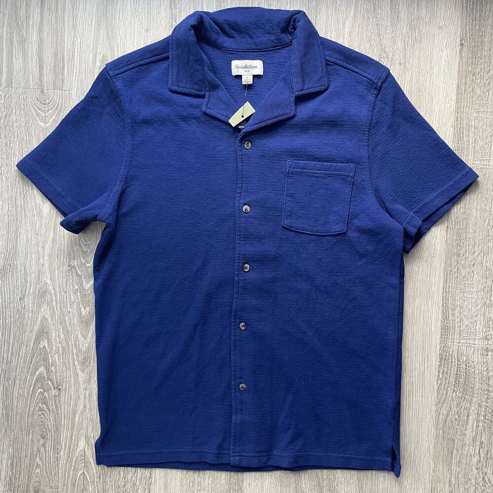 Goodfellow & Co Men's Camp Collar Shirt Blue Textured Knit Casual Pocket S - Picture 2 of 9